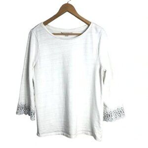 Loft White Pullover Sweater Lace Embellishments M  Lightweight Stylish